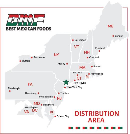 Best Mexican Foods distribution map detailing service areas in the northeastern United States.