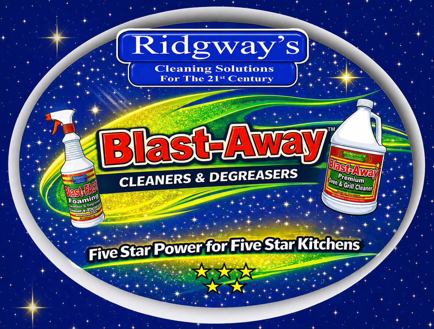 Ridgway's Blast-Away professional cleaners and degreasers for commercial kitchens, featuring spray bottle and gallon jug packaging.