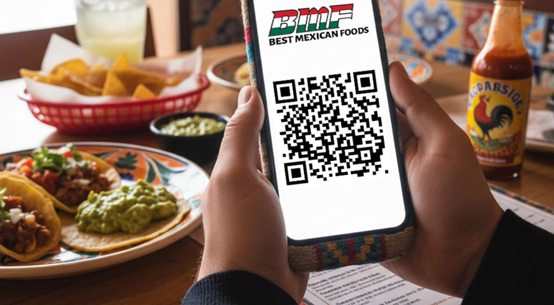Delicious tacos with guacamole and a QR code for Best Mexican Foods dining experience.